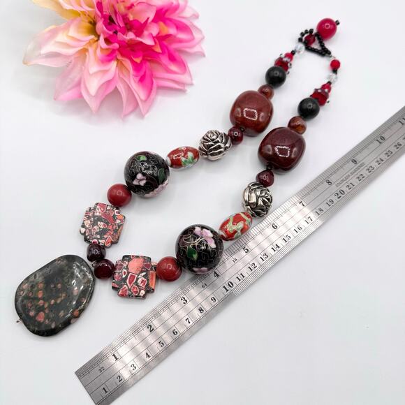 Handmade Chunky Beaded Necklace Unakite Cloisonné Ceramic Glass Eclectic Heavy - Picture 14 of 16